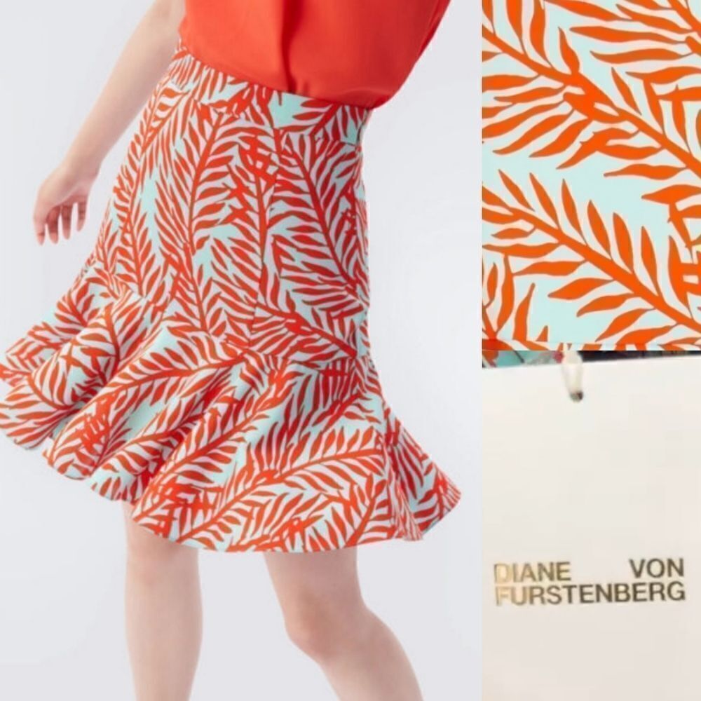 $258 NEW 14 DVF DIANE VON FURSTENBURG turquoise orange flirt ruffle skirt XL NWT